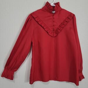 Vintage Blouse JCPenney  Women M / L Red Ruffle High Neck Victorian Puff Sleeve